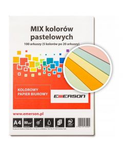 Papier ksero A4 80g mix pastel 100ark Kanarkowy, Różowy, Pomarańczowy, Jasny Niebieski, Jasny Zielony xem1000n EMERSON