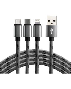 Kabel USB-A -> USB-C/microUSB/Lightning 3w1 1,2m 2,4A pleciony czarny EVERACTIVE (CBB-1.2MCI)