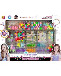 Zestaw koralików plastikowych mix kolorów i kształtów op. ok. 230szt.+2x 120cm żyłka PJ-2036 ALIGA